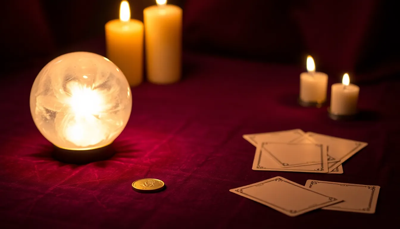 Boule de cristal lumineuse sur un tapis de velours pourpre, une pièce dorée et des cartes retournées à la lueur des bougies