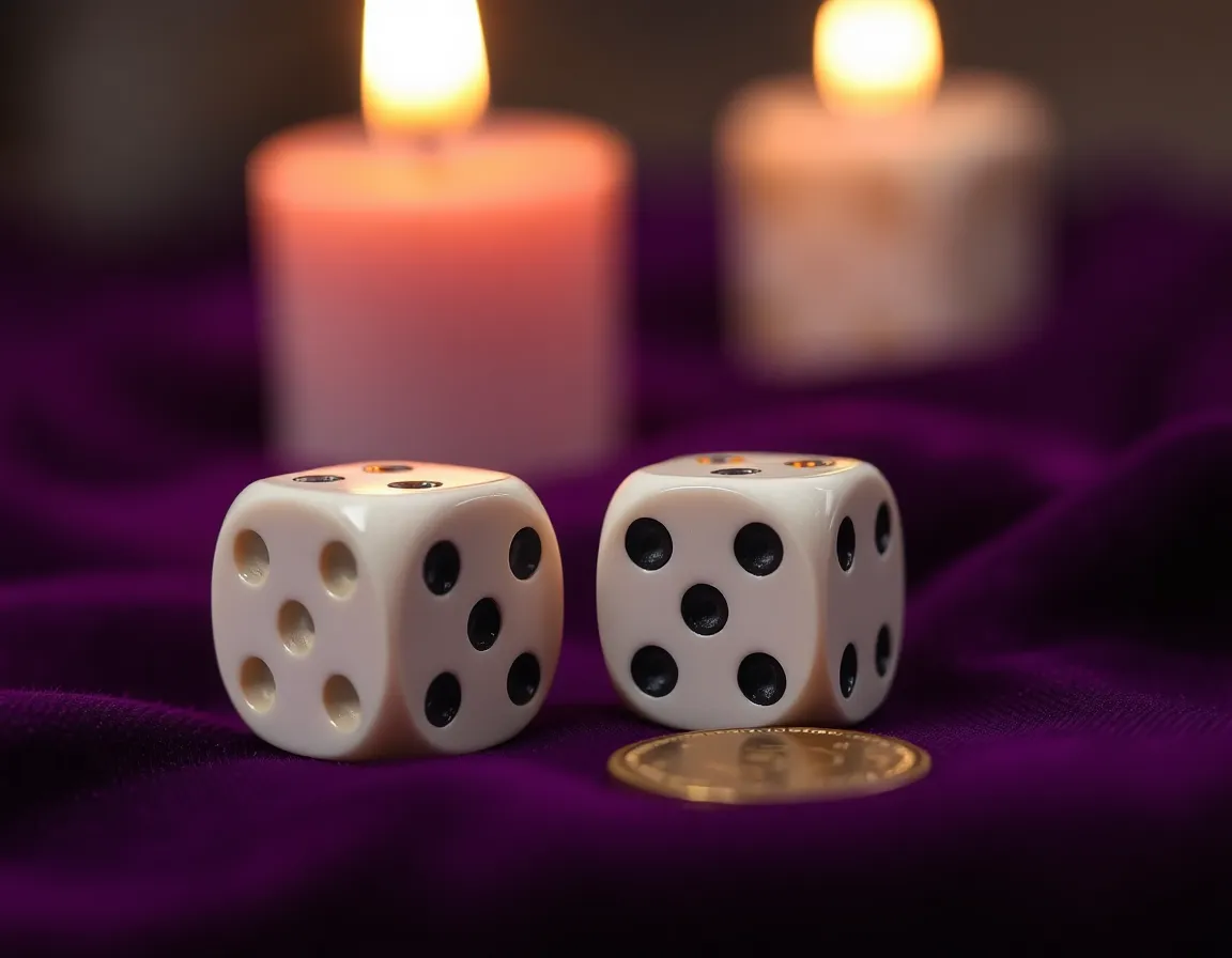 Deux dés blancs et une pièce dorée posés sur du velours violet, bougies floues à l'arrière-plan