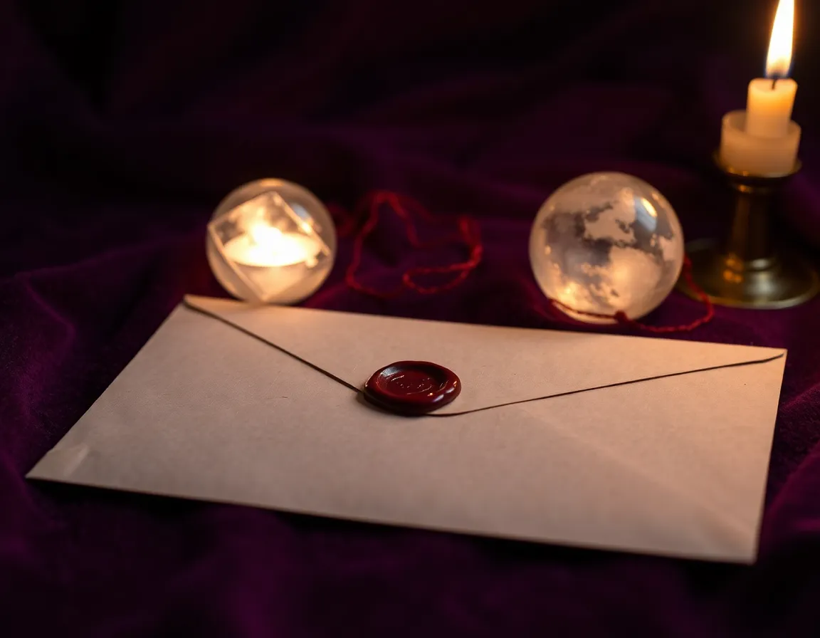 Enveloppe scellée de cire rouge sur du velours violet, à côté de deux boules de cristal, d'un fil rouge et d'une bougie