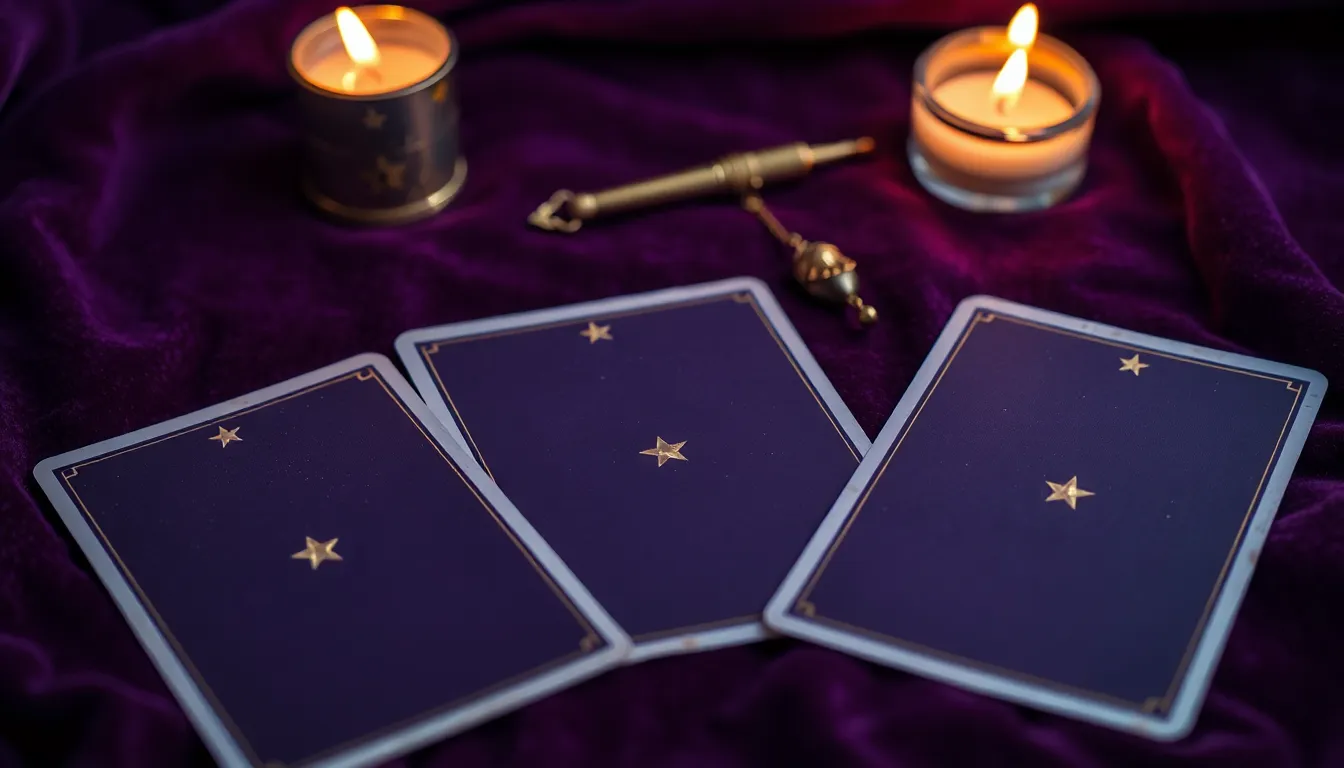Trois cartes de tarot posées face cachée sur un velours violet, un pendule en laiton à côté, éclairées par des bougies