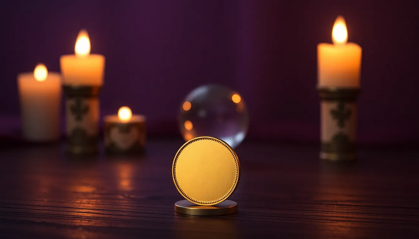 Pièce dorée lisse posée en équilibre sur une table en bois sombre, bougies et boule de cristal floues en arrière-plan