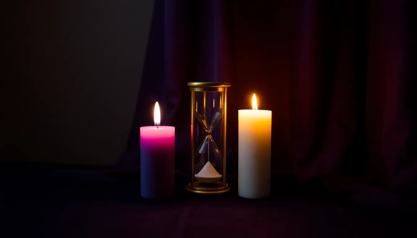 Deux bougies allumées côte à côte, l'une rose violacé et l'autre blanche, avec un sablier en laiton entre elles sur fond de velours sombre