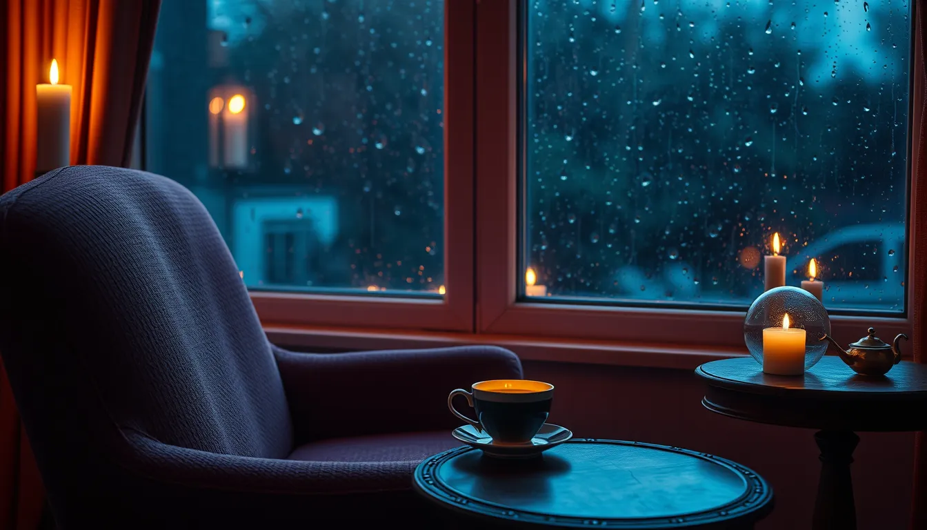 Fauteuil vide près d'une fenêtre sous la pluie au crépuscule, avec une tasse de thé, une petite boule de cristal et des bougies
