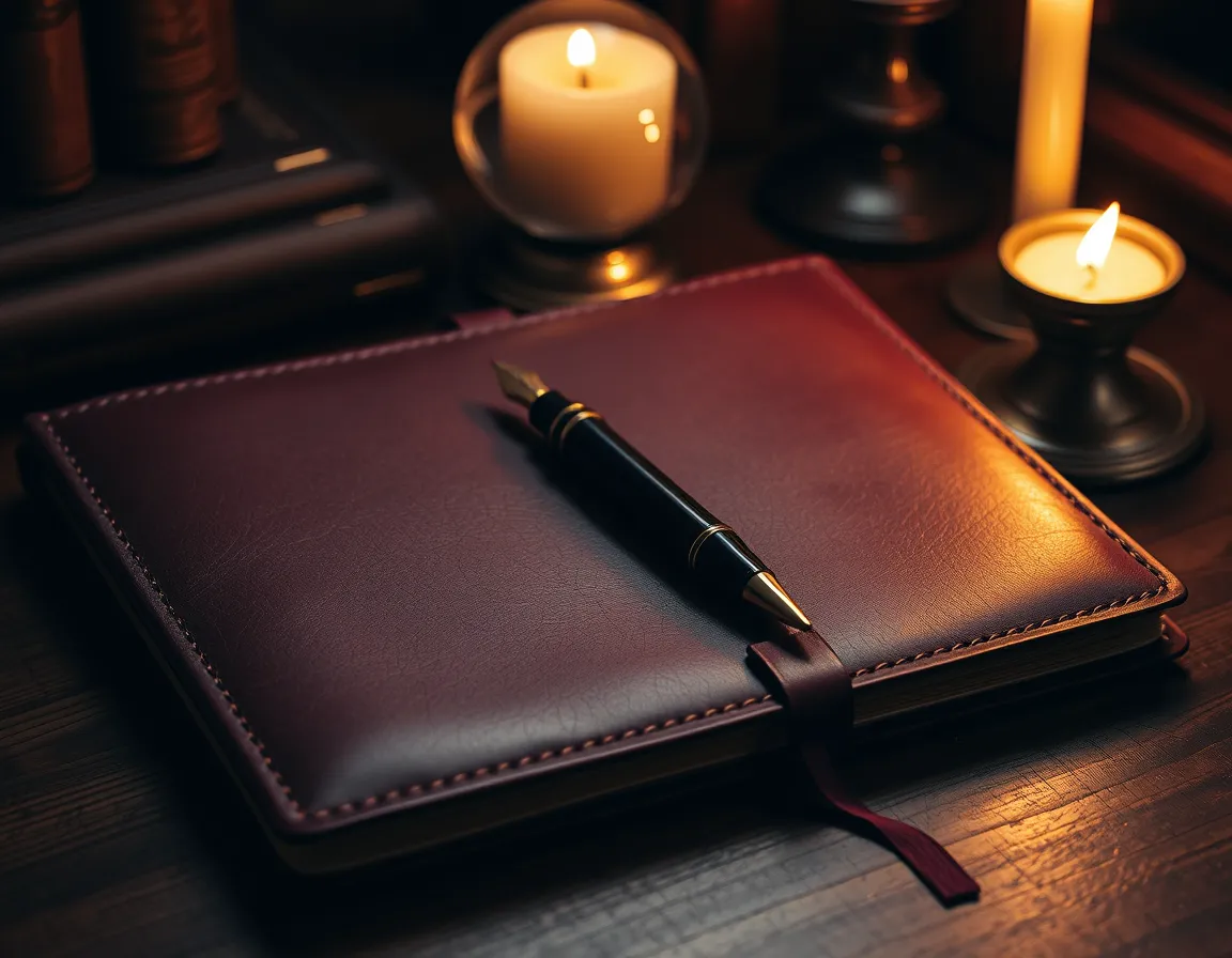 Carnet en cuir fermé avec un stylo plume posé dessus, à côté d'une bougie sous un globe de verre, sur un bureau en bois éclairé à la bougie
