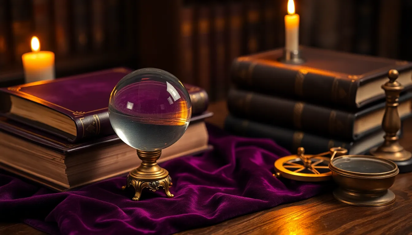 Boule de cristal ancienne sur un socle en laiton, posée sur du velours violet dans un cabinet d'étude éclairé à la bougie, entre des livres anciens