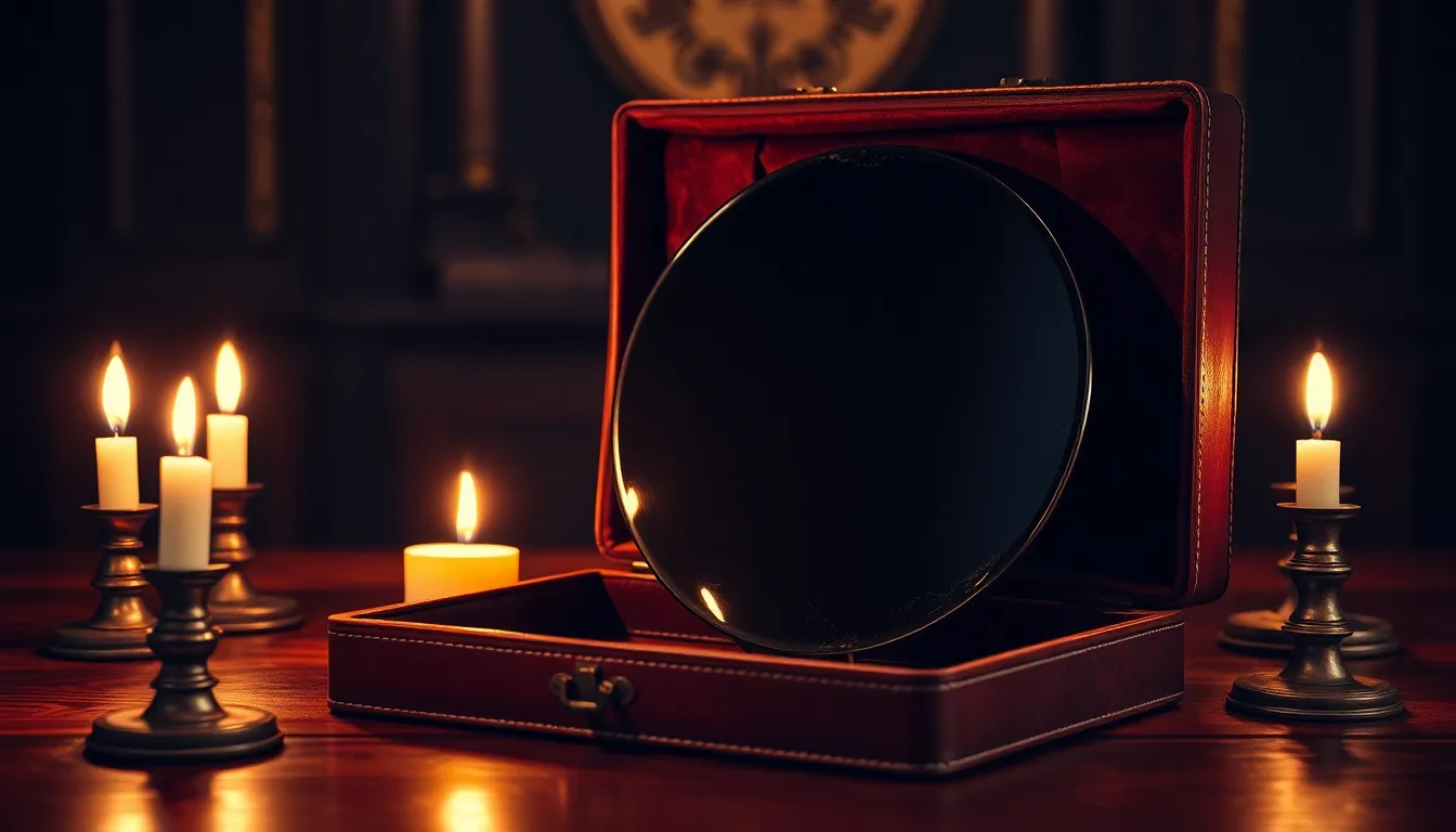 Miroir rond en obsidienne noire polie dans un étui de cuir ouvert, entouré de bougies