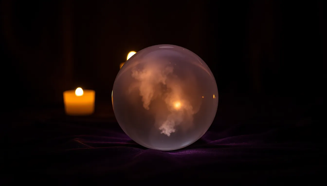 Boule de cristal posée sur un velours noir dans une pièce sombre, une bougie allumée en retrait, une brume dorée à l'intérieur