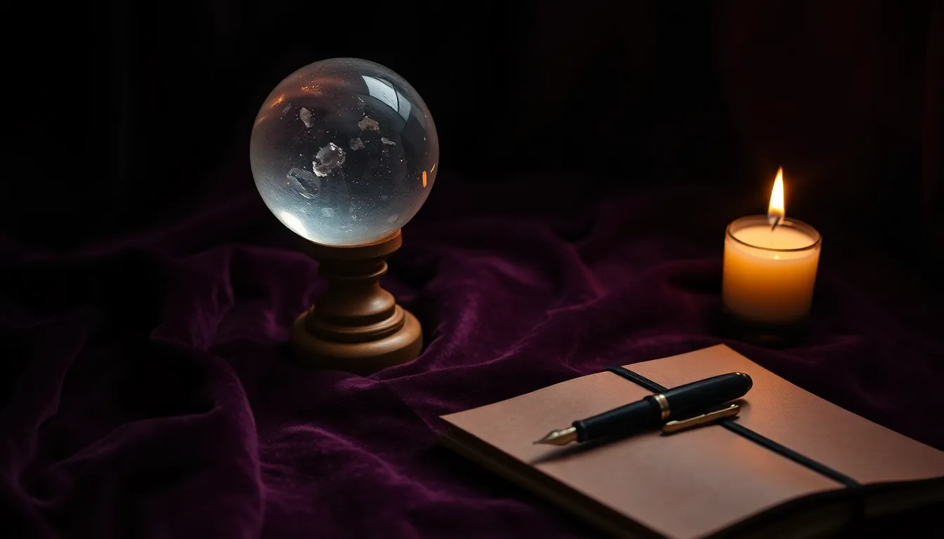 Boule de cristal sur un socle en bois posé sur du velours violet, avec une bougie sur le côté, un carnet fermé et un stylo plume