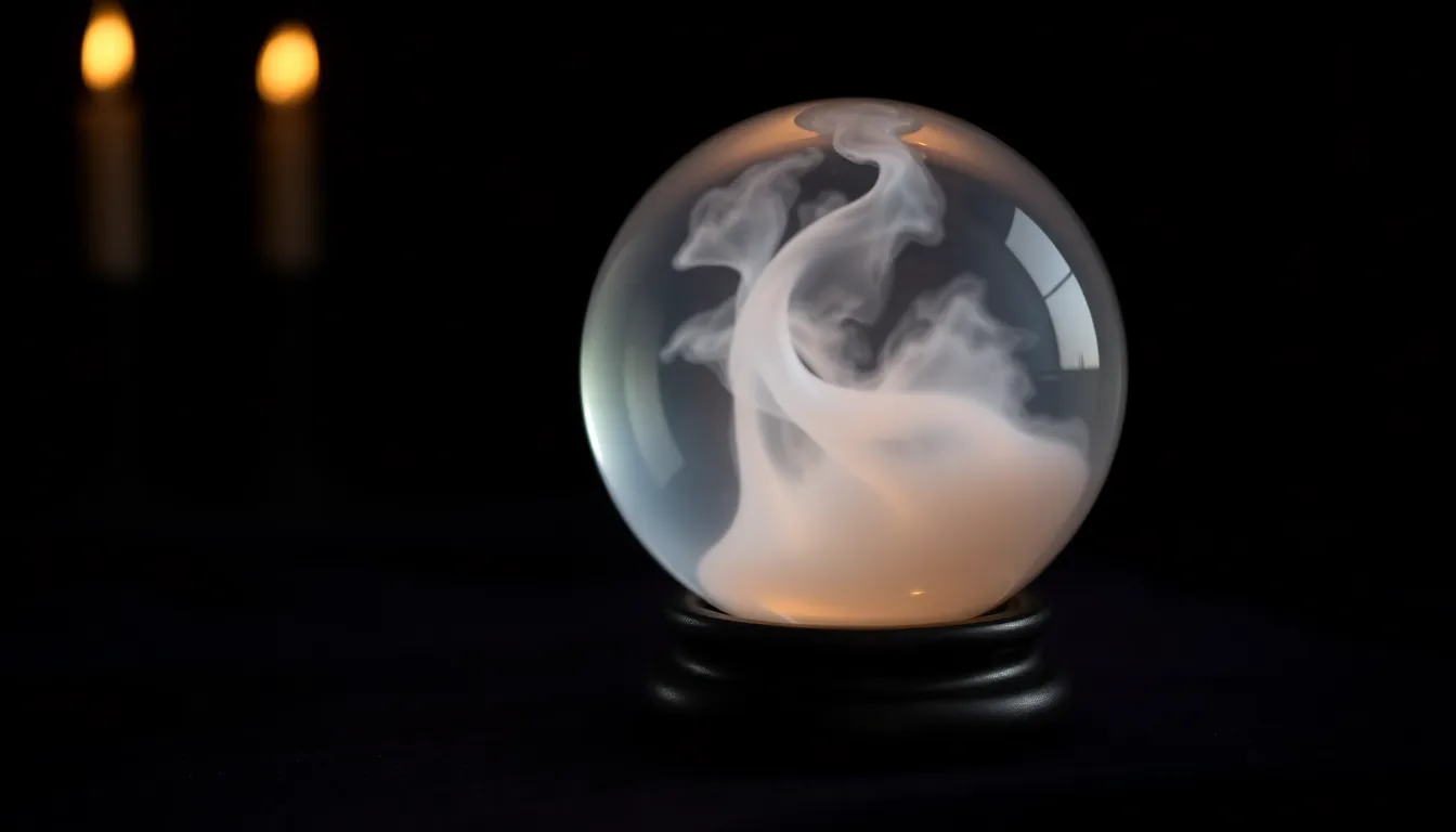 Boule de cristal sur un socle noir, remplie d'une brume blanche laiteuse, dans l'obscurité