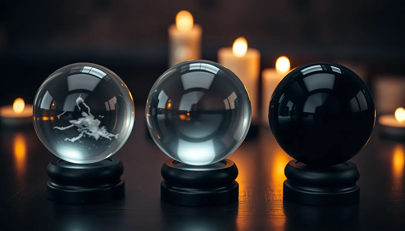 Trois boules posées sur une table sombre : une boule en cristal de roche, une boule en verre transparent et une boule en obsidienne noire, à la lueur des bougies