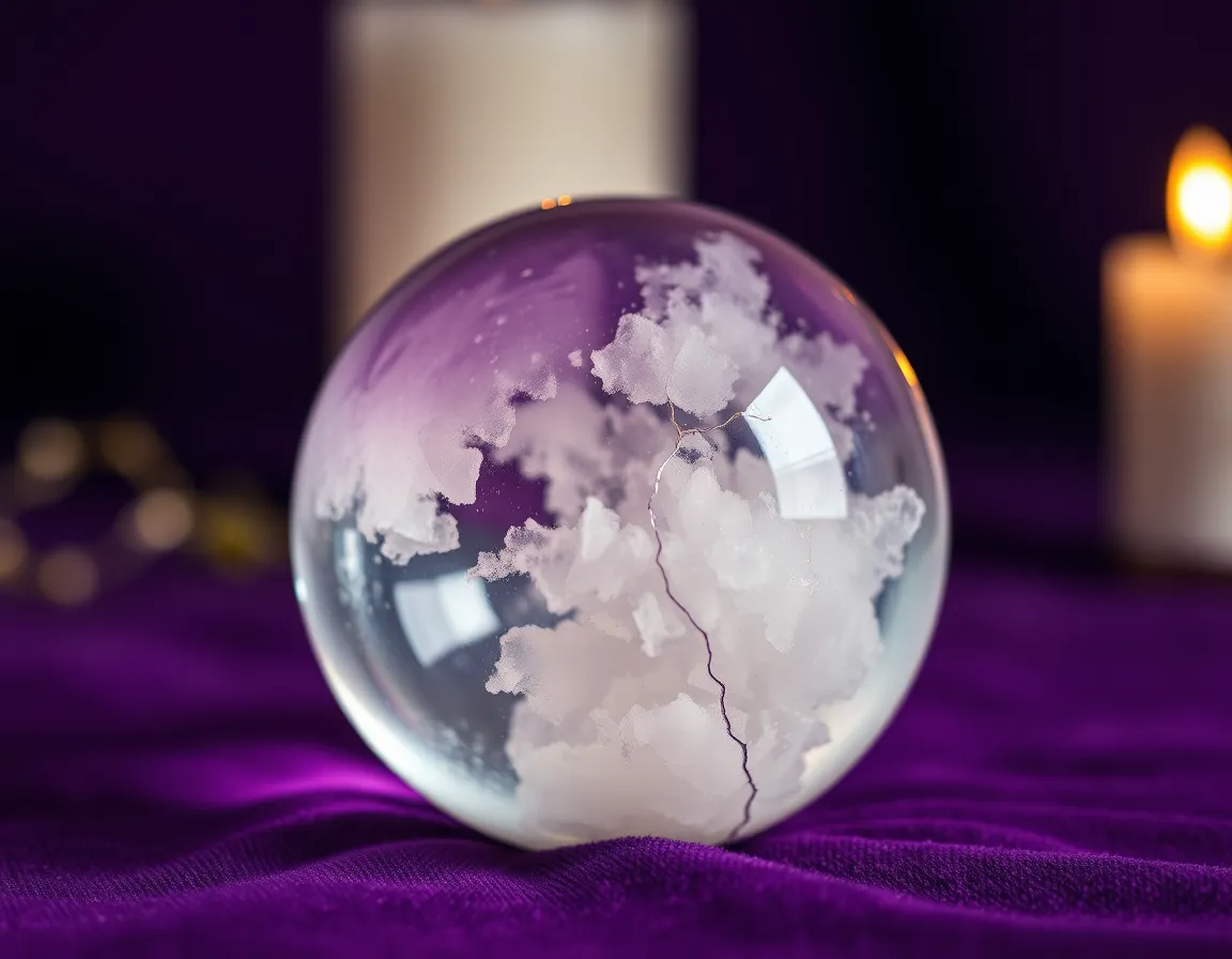 Gros plan sur l'intérieur d'une boule en quartz naturel montrant des voiles, des brumes et de fines fractures irisées