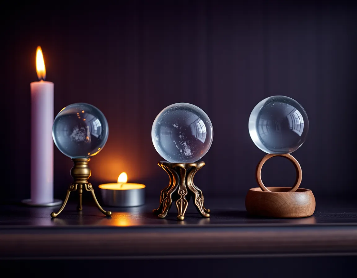 Trois petites boules de cristal sur une étagère sombre, posées sur un trépied en laiton, un socle en métal ouvragé et un anneau en bois