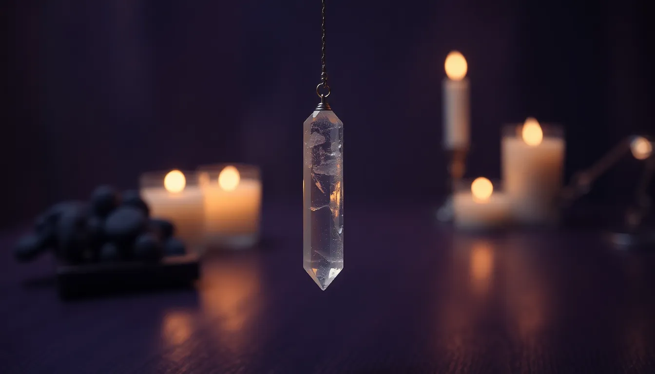 Pendule en cristal de roche suspendu à une fine chaîne au-dessus d'une table en bois sombre, éclairé par des bougies