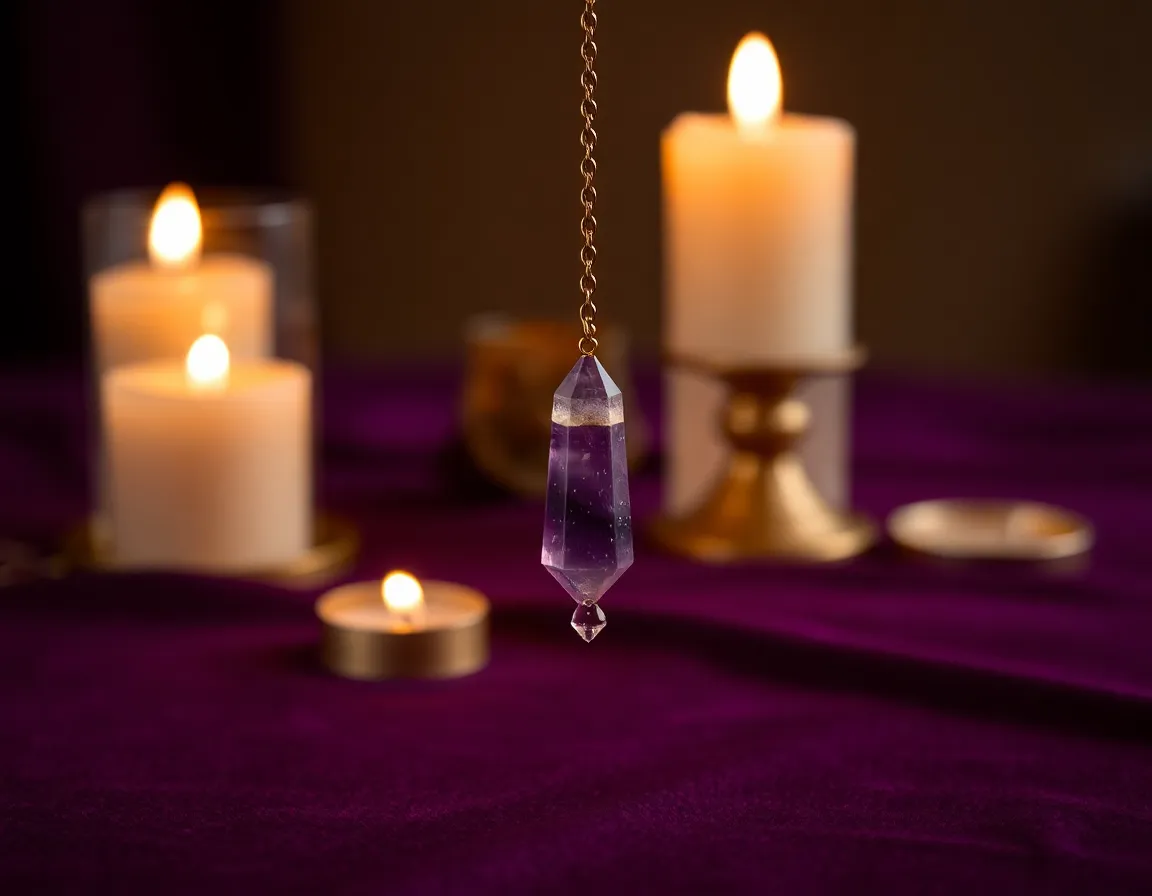 Pendule en améthyste immobile au bout de sa chaîne, juste au-dessus d'une nappe violette, dans la lumière des bougies