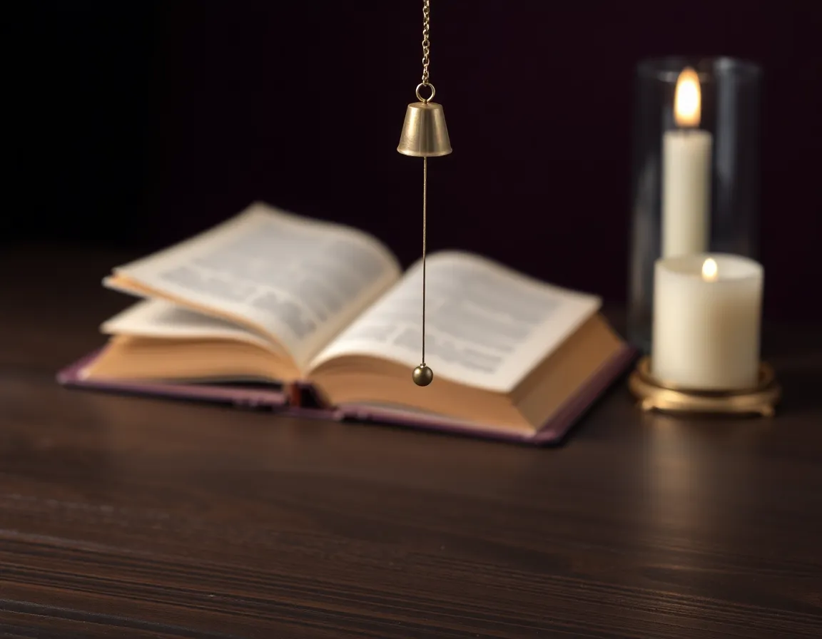 Pendule en laiton suspendu à une chaîne au-dessus d'un vieux livre ouvert, près d'une bougie