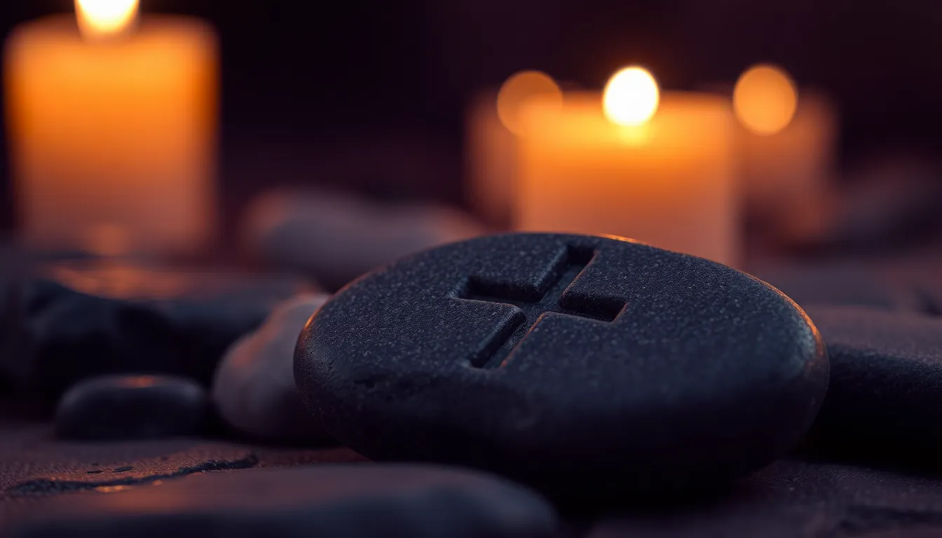 Gros plan sur une pierre de rune gravée, posée parmi d'autres pierres sombres à la lueur des bougies