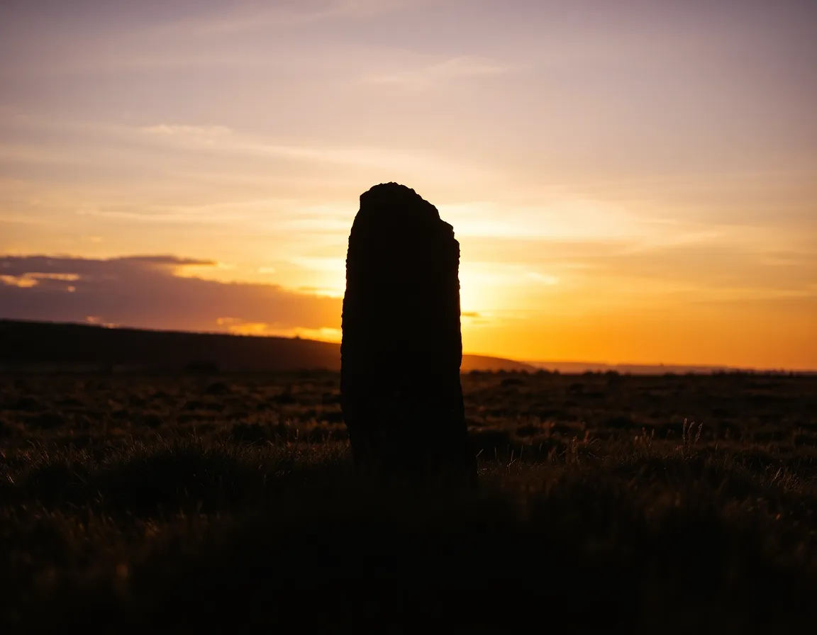 Silhouette d'une grande pierre dressée dans une prairie nordique, à contre-jour sous un ciel violet et doré